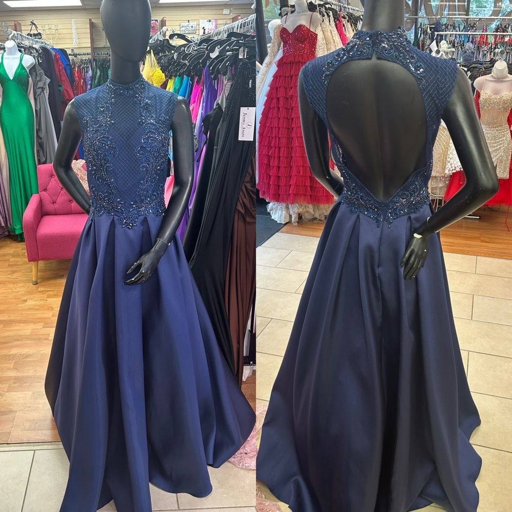 Jovani Elegant Navy Blue Ball Gown with Lace Details size 12